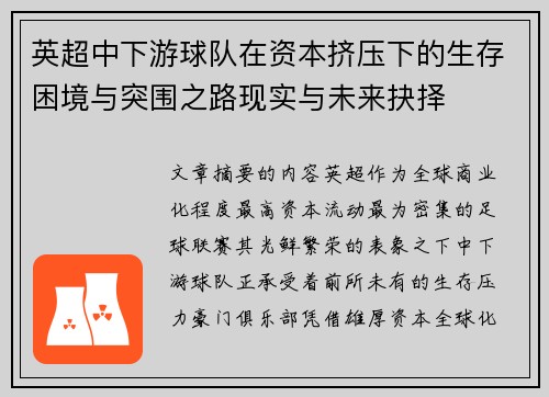 英超中下游球队在资本挤压下的生存困境与突围之路现实与未来抉择